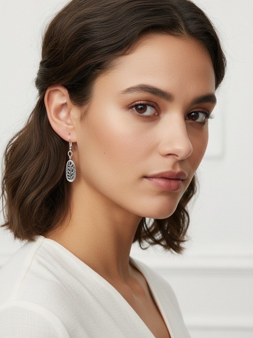 Sterling Silver Leaf Dangle Earrings - Picture 3 of 3